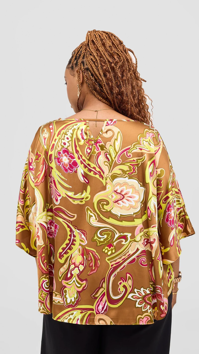 Vivo Keza Circular Loose Top - Dark Tan / Lime Print