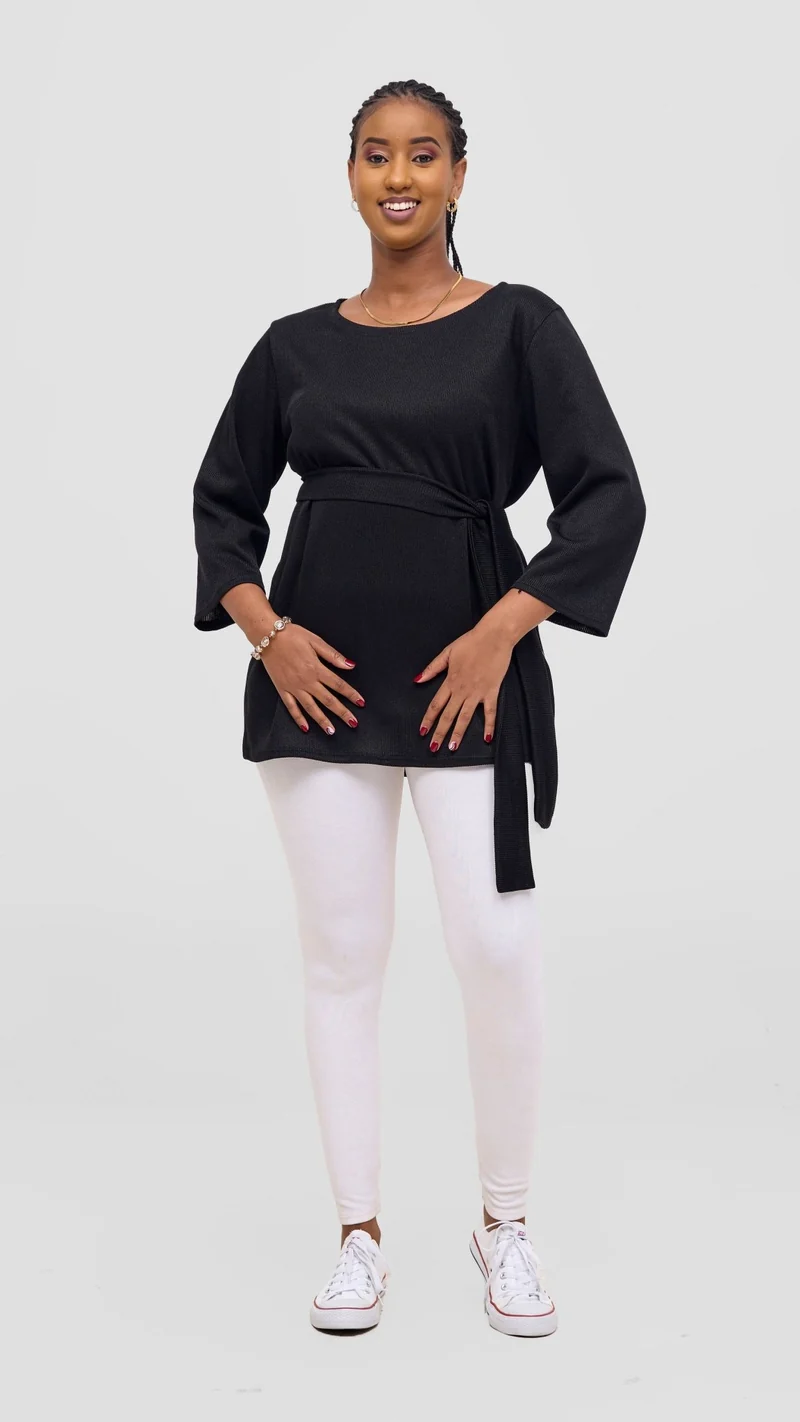 Vivo Rema 3/4 Sleeve Side Slit Tunic Top - Black