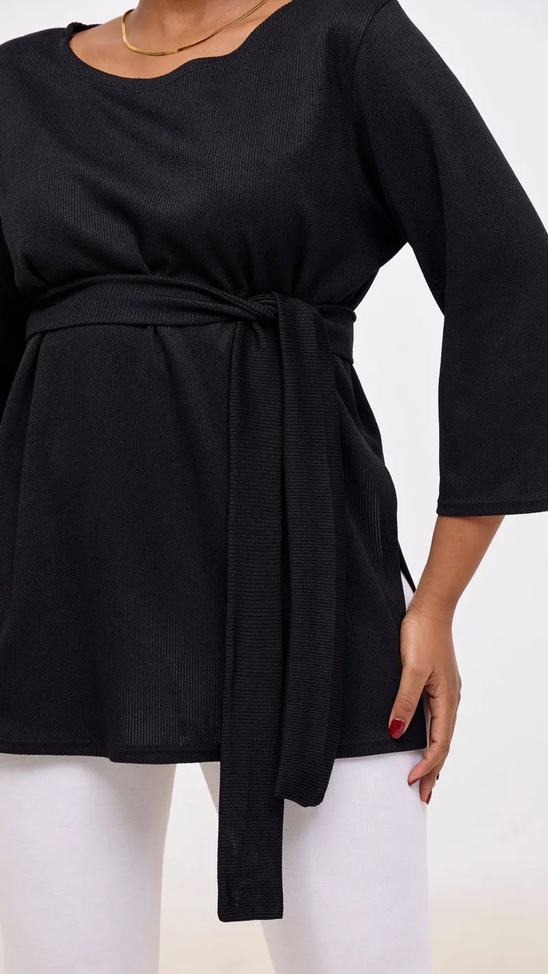 Vivo Rema 3/4 Sleeve Side Slit Tunic Top - Black