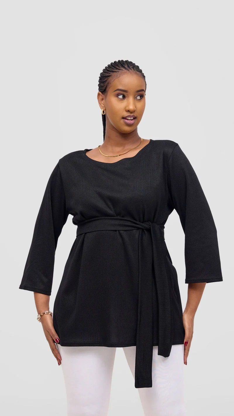 Vivo Rema 3/4 Sleeve Side Slit Tunic Top - Black