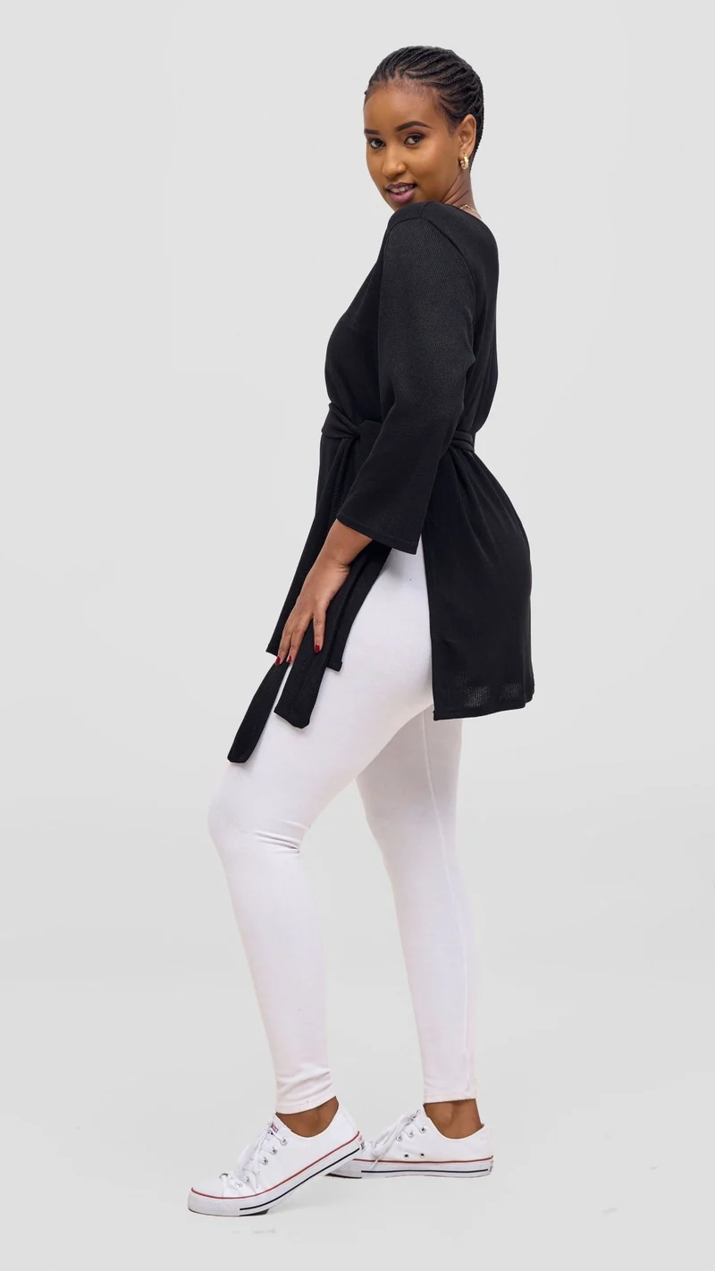 Vivo Rema 3/4 Sleeve Side Slit Tunic Top - Black