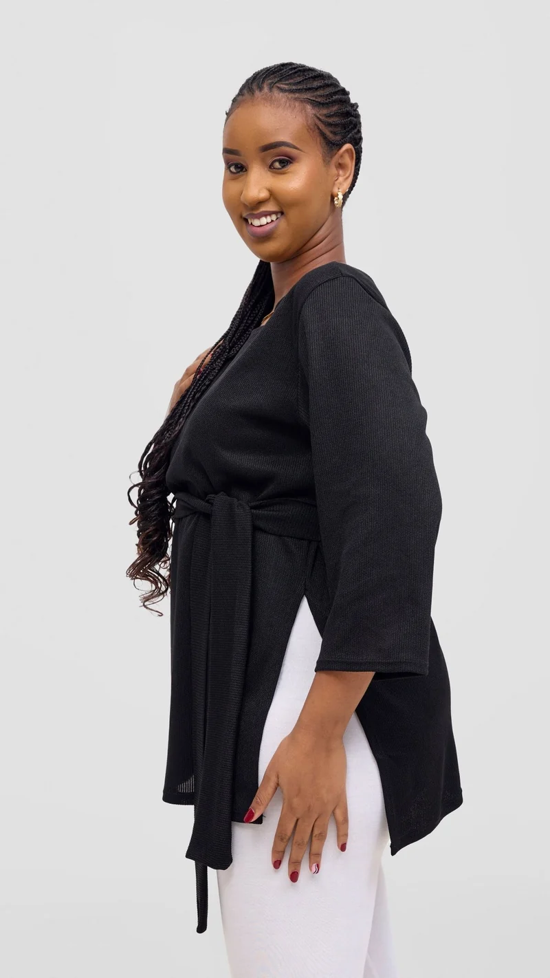 Vivo Rema 3/4 Sleeve Side Slit Tunic Top - Black