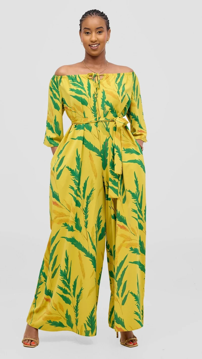 Vivo Zahari 3/4 Sleeve Off Shoulder Jumpsuit - Green / Mustard Rubi Print