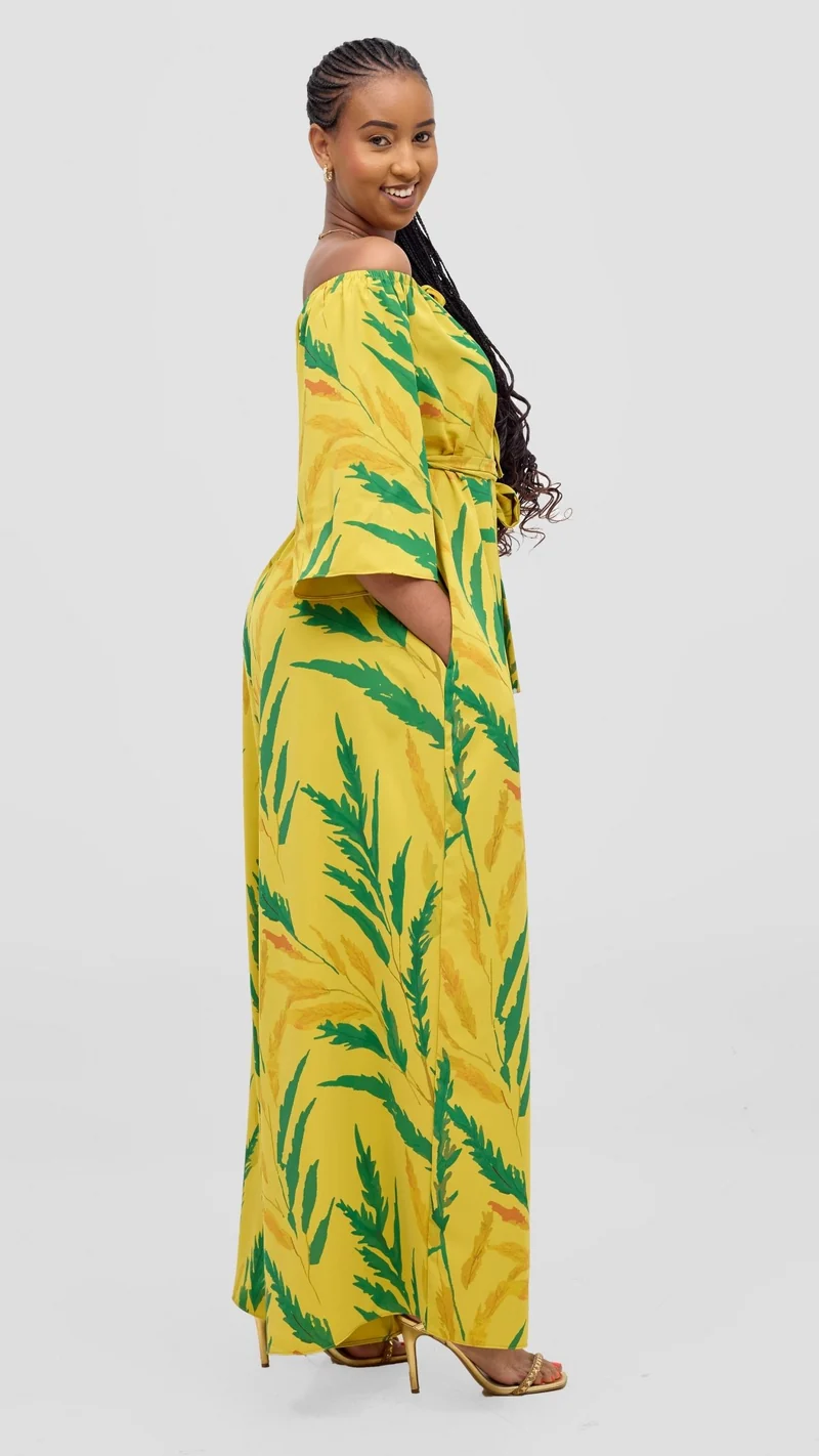 Vivo Zahari 3/4 Sleeve Off Shoulder Jumpsuit - Green / Mustard Rubi Print