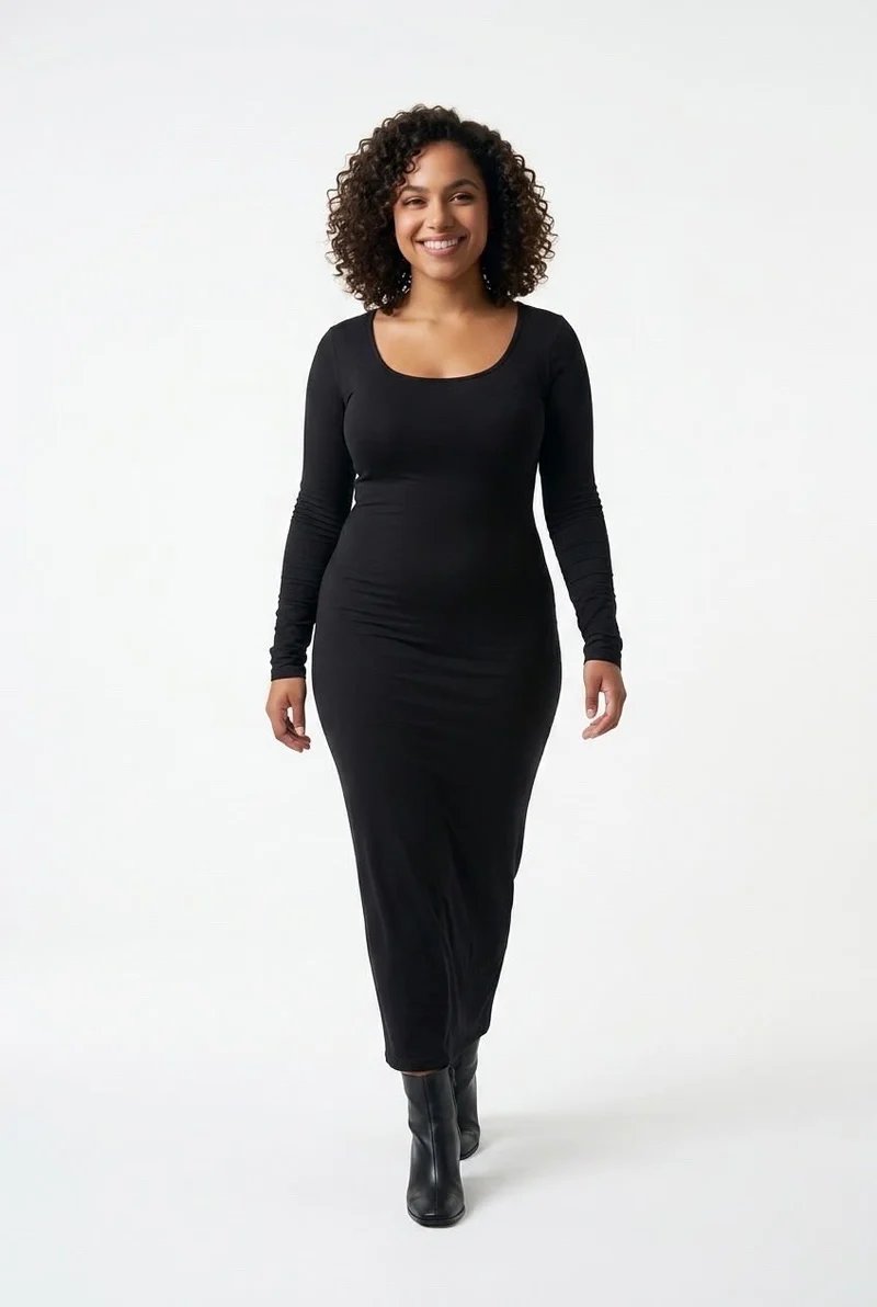 Stylish Sisters Round - Neck Long-Sleeve Bodycon Maxi Dress - Black