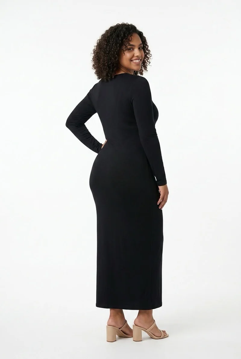 Stylish Sisters Round - Neck Long-Sleeve Bodycon Maxi Dress - Black