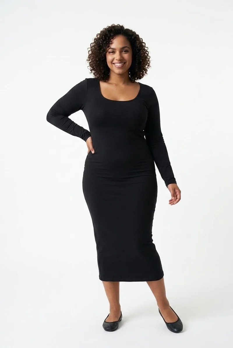 Stylish Sisters Round - Neck Long-Sleeve Bodycon Maxi Dress - Black