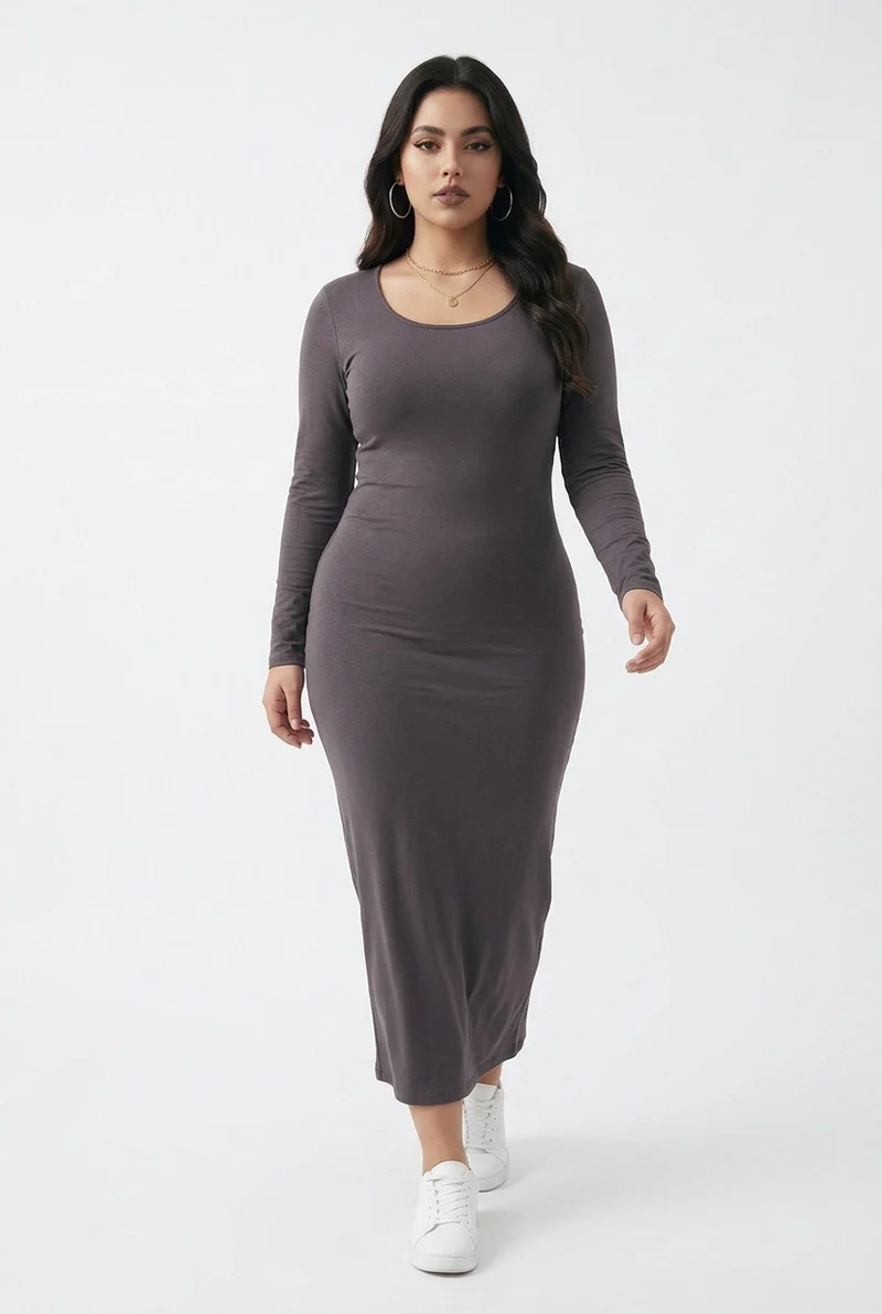 Stylish Sisters Round - Neck Long-Sleeve Bodycon Maxi Dress - Brown
