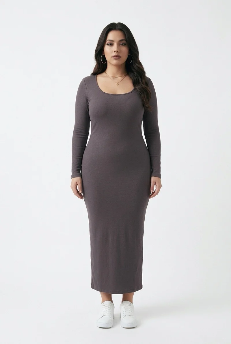 Stylish Sisters Round - Neck Long-Sleeve Bodycon Maxi Dress - Brown
