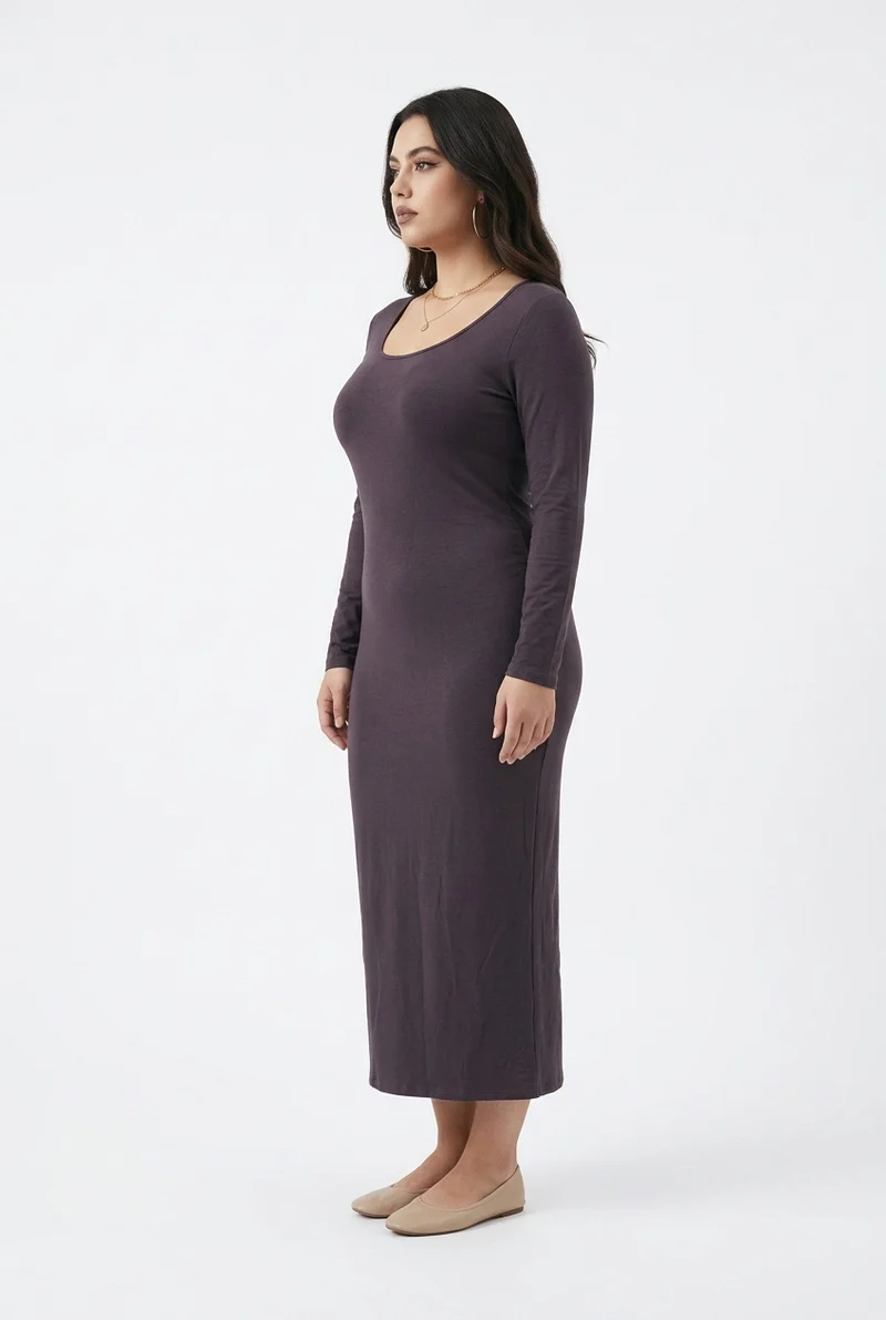 Stylish Sisters Round - Neck Long-Sleeve Bodycon Maxi Dress - Brown