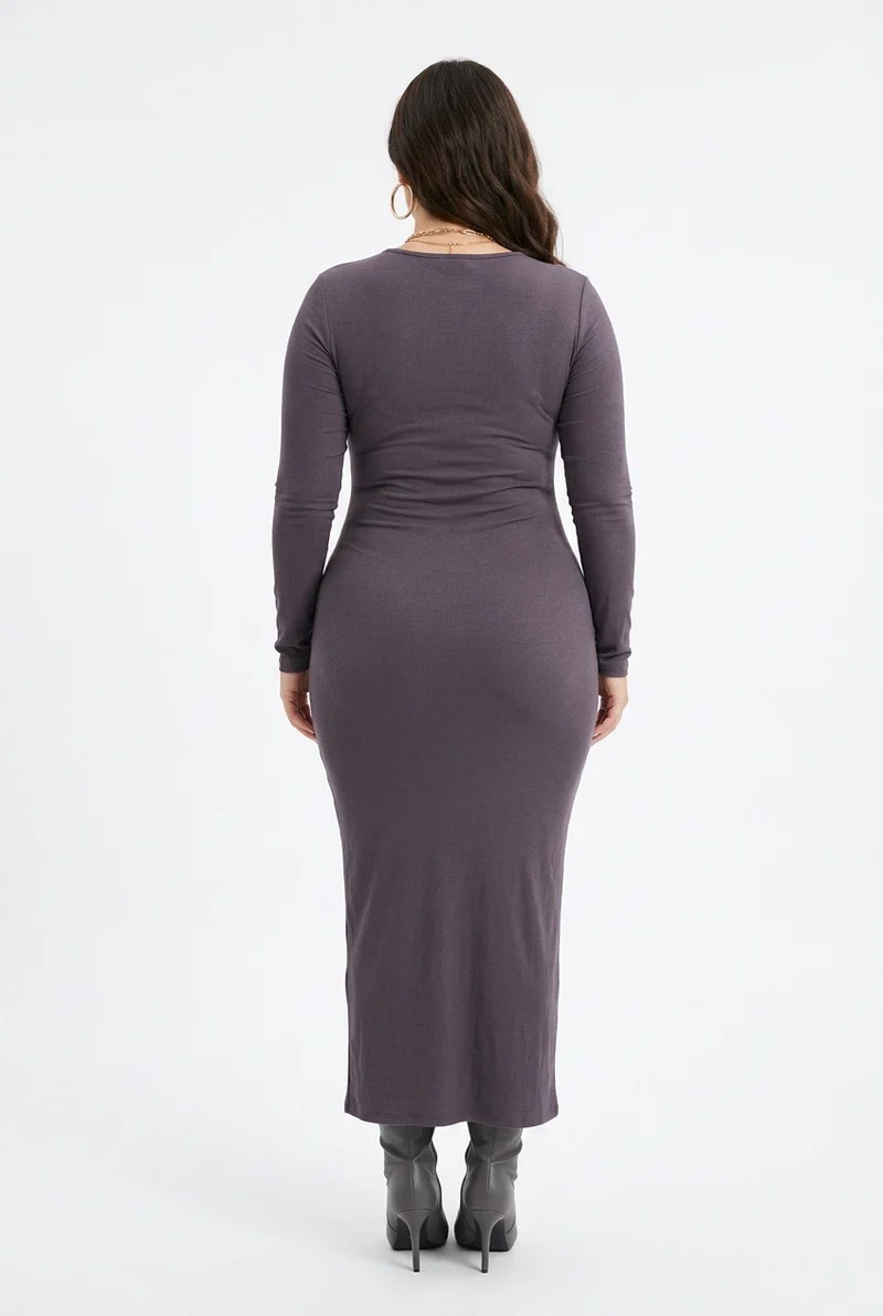 Stylish Sisters Round - Neck Long-Sleeve Bodycon Maxi Dress - Brown