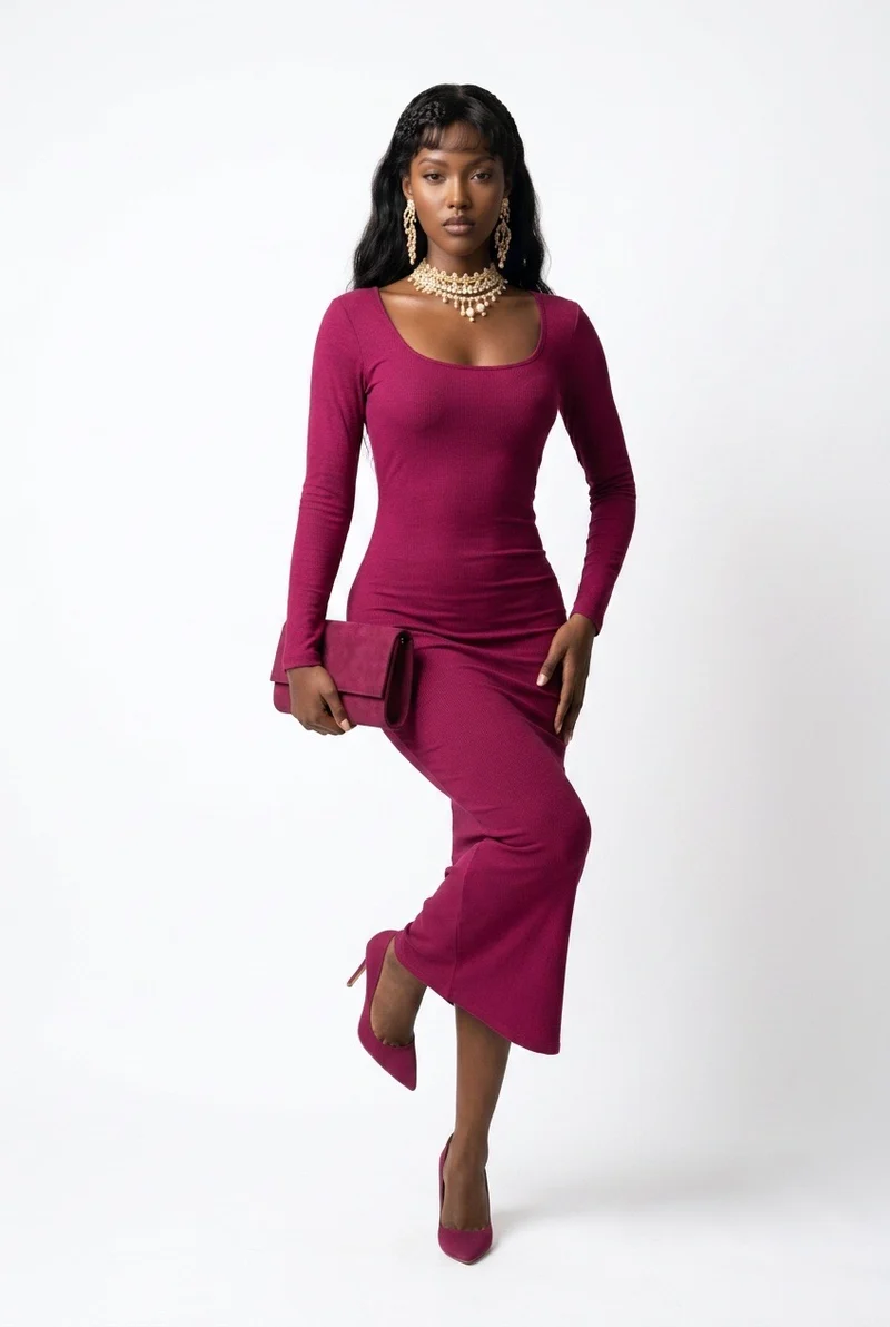 Stylish Sisters Round - Neck Long-Sleeve Bodycon Maxi Dress - Maroon