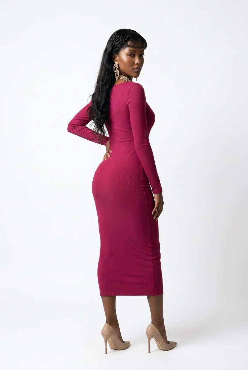 Stylish Sisters Round - Neck Long-Sleeve Bodycon Maxi Dress - Maroon