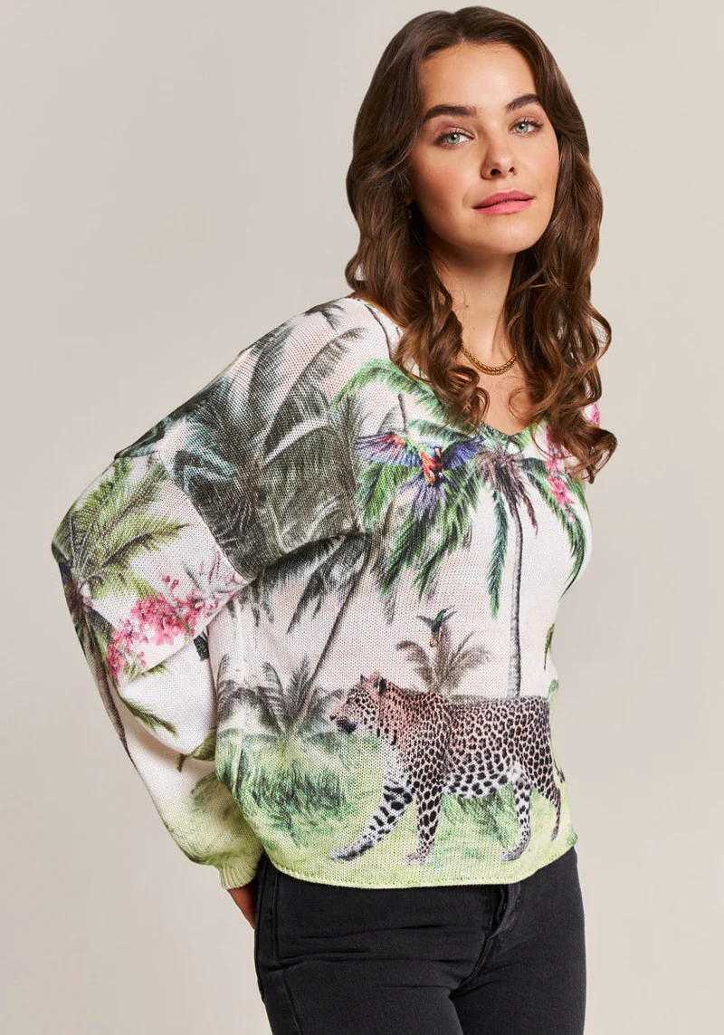 Pull en coton et lin avec imprimé jungle