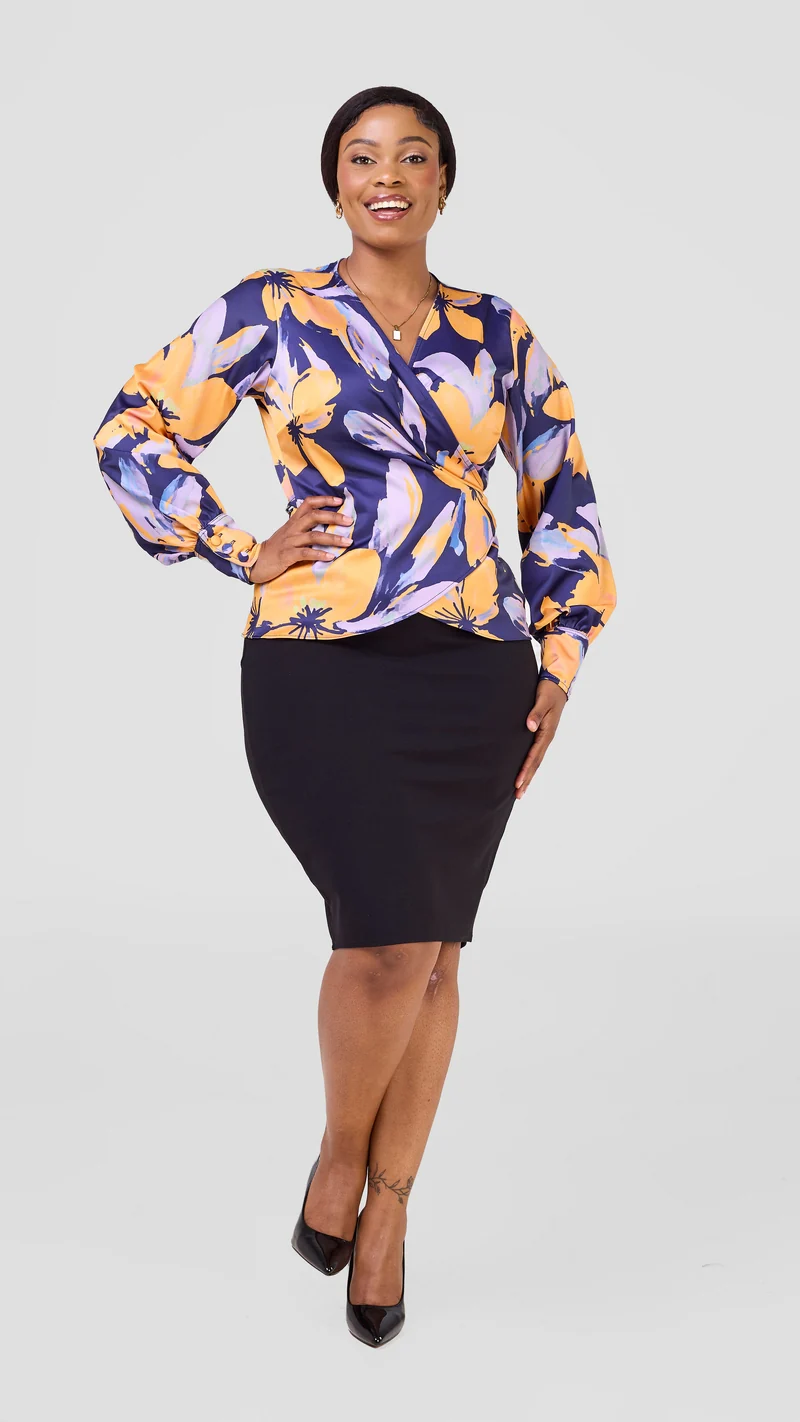 Vivo Merika Satin Wrap Top - Yellow / Lilac Iya Print