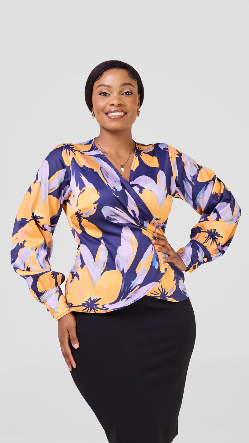 Vivo Merika Satin Wrap Top - Yellow / Lilac Iya Print
