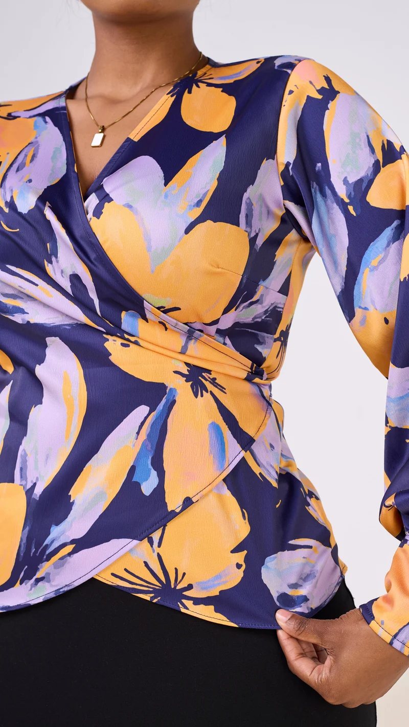 Vivo Merika Satin Wrap Top - Yellow / Lilac Iya Print