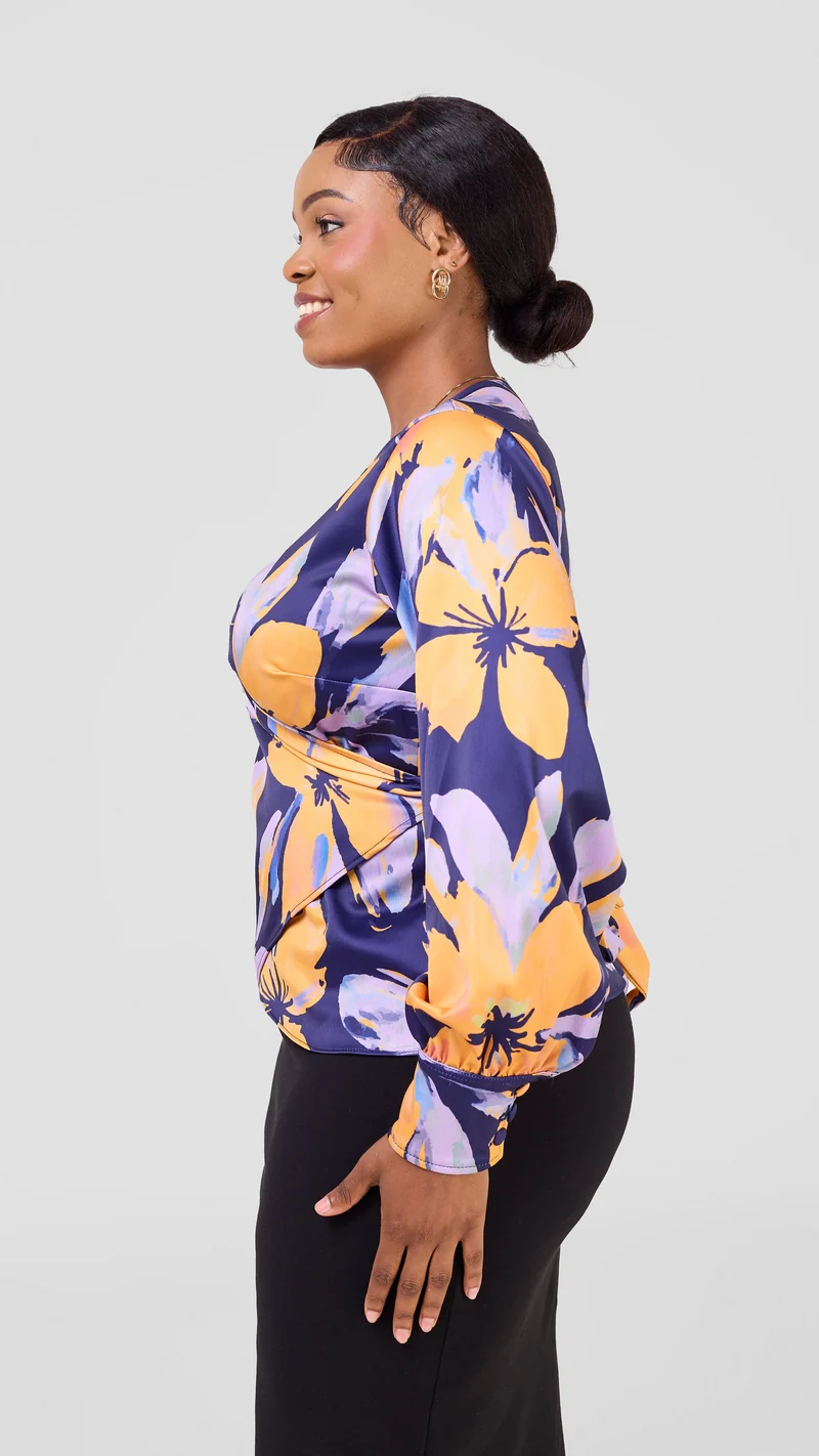 Vivo Merika Satin Wrap Top - Yellow / Lilac Iya Print