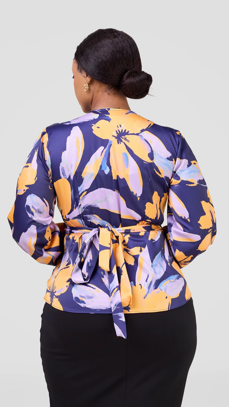 Vivo Merika Satin Wrap Top - Yellow / Lilac Iya Print
