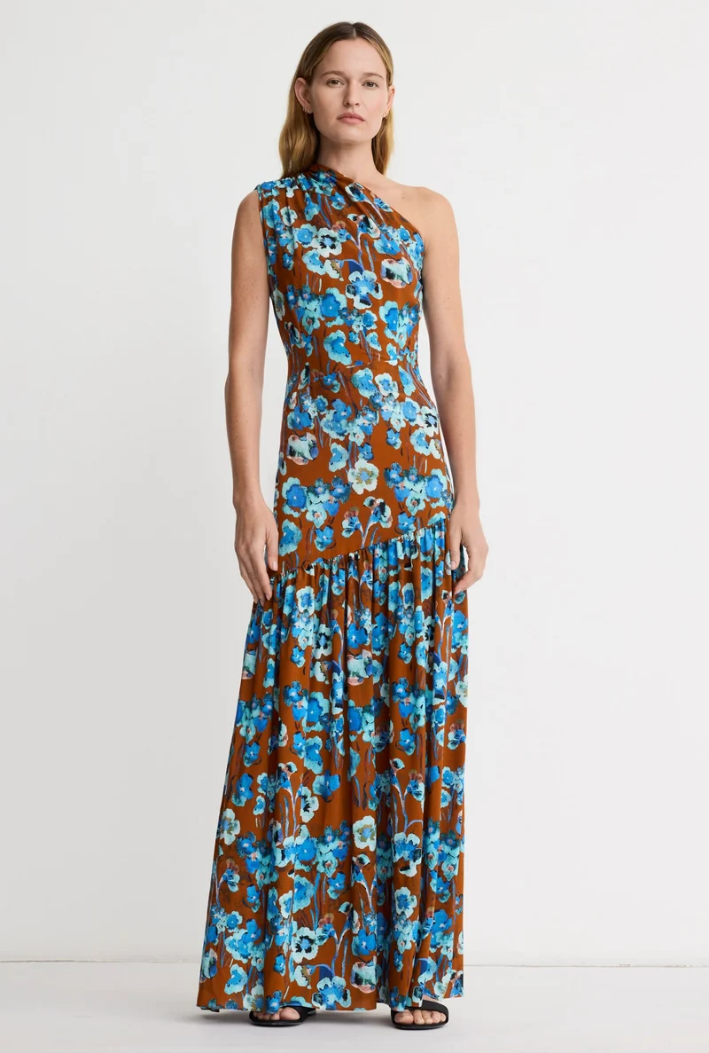 Robe maxi asymétrique à imprimé floral