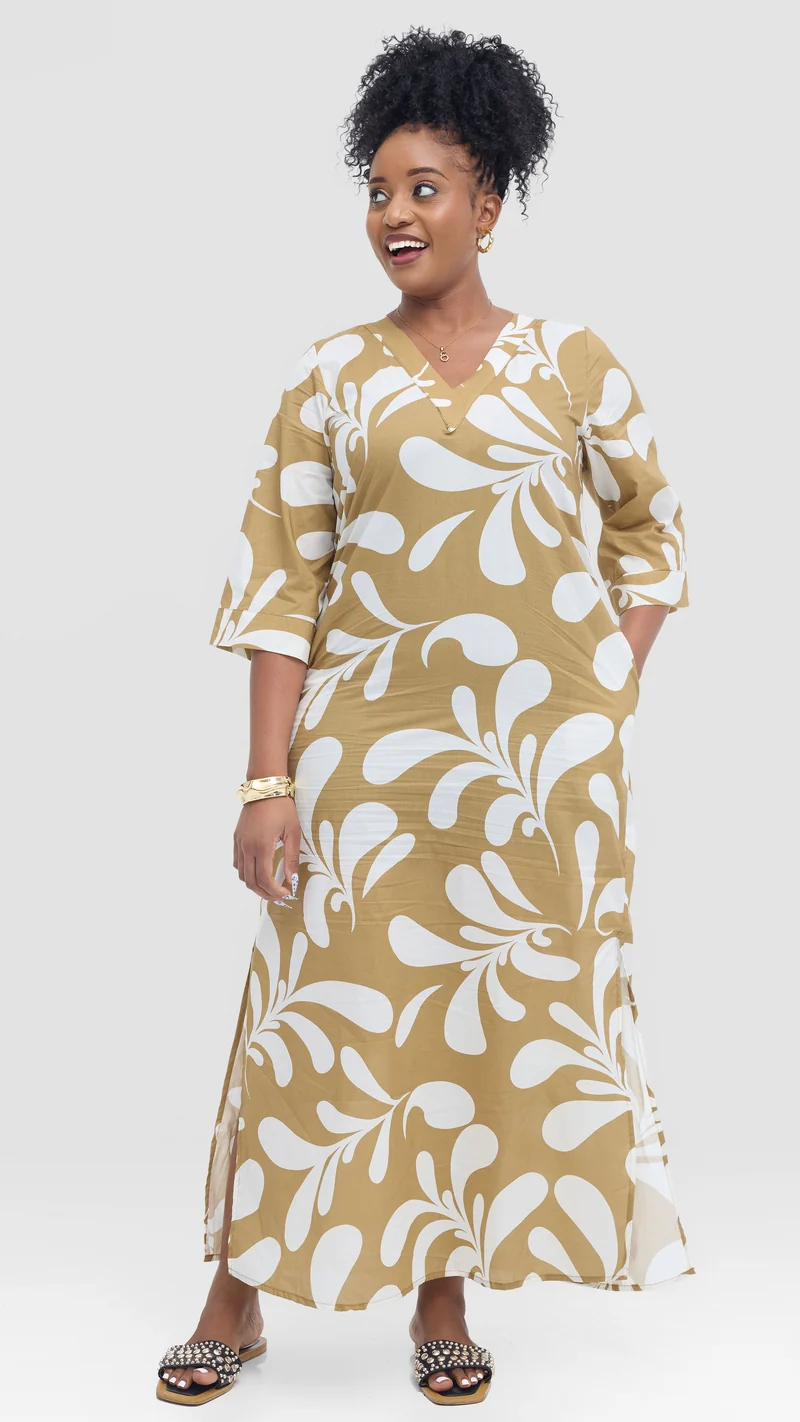 Vivo Lulu 3/4 Sleeve Maxi Dress in Cotton- Light Olive / White Print