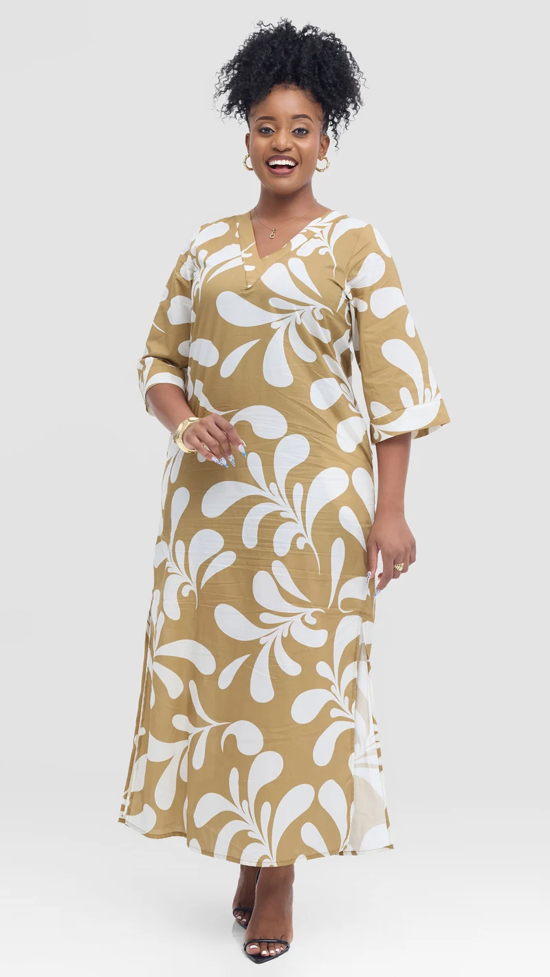 Vivo Lulu 3/4 Sleeve Maxi Dress in Cotton- Light Olive / White Print