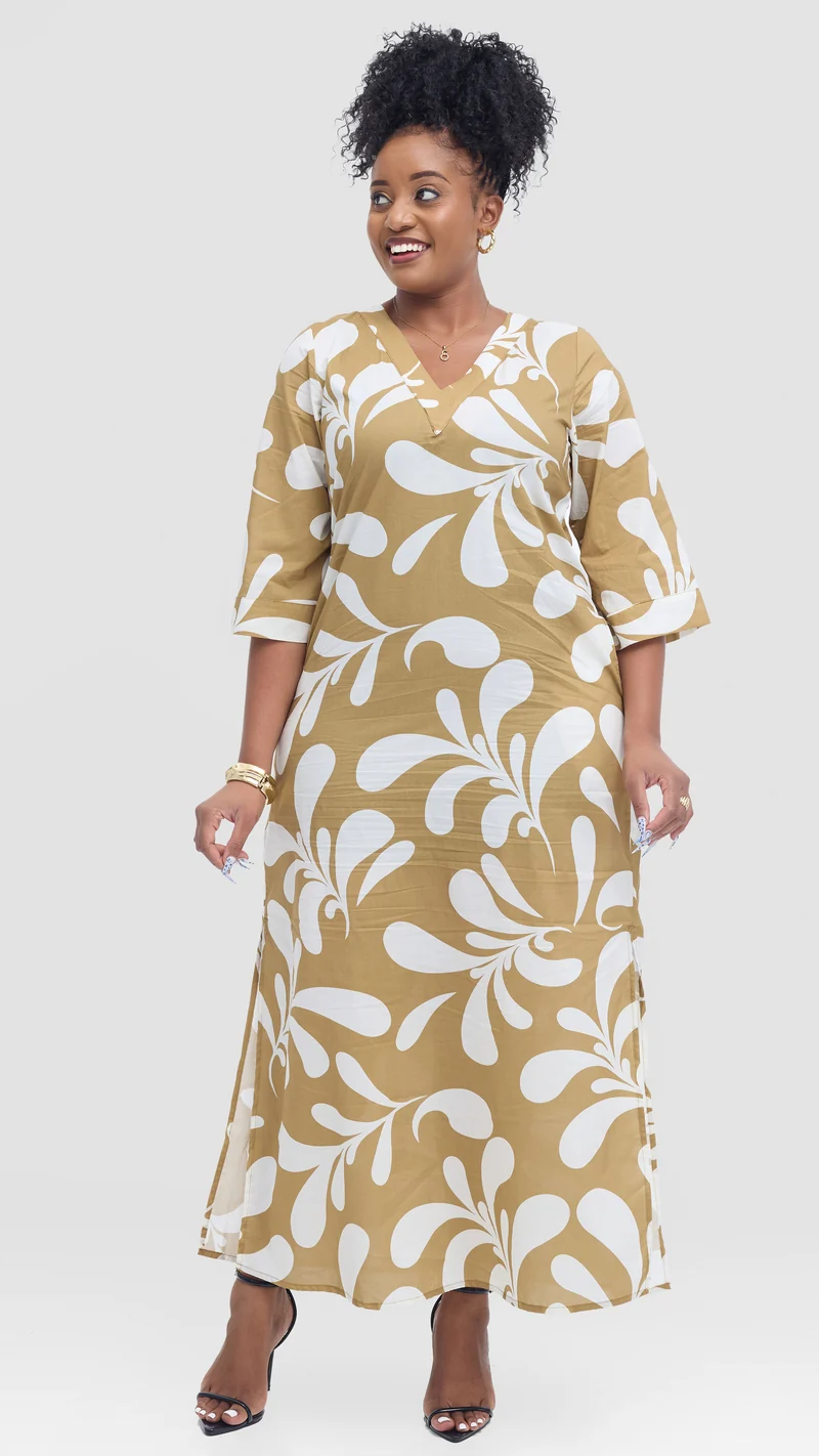 Vivo Lulu 3/4 Sleeve Maxi Dress in Cotton- Light Olive / White Print