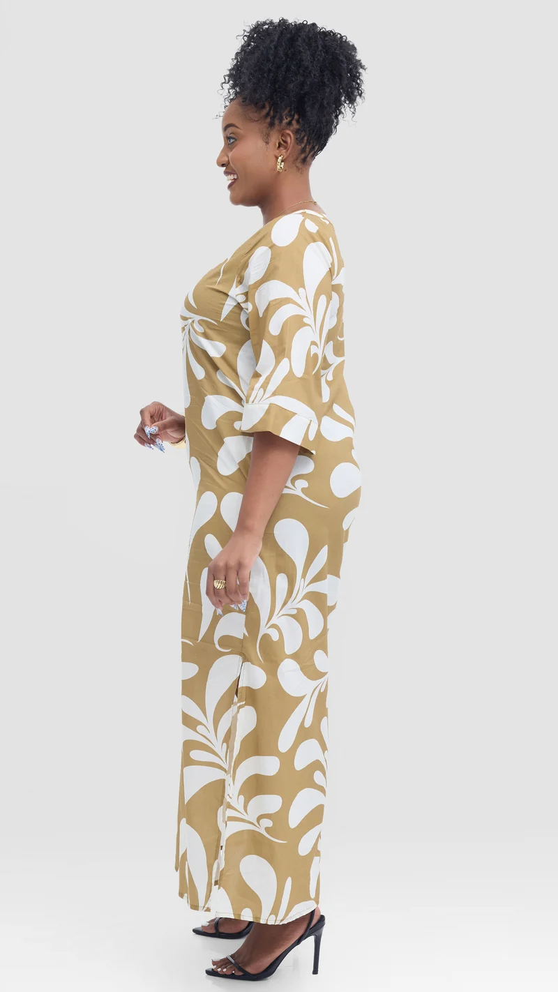 Vivo Lulu 3/4 Sleeve Maxi Dress in Cotton- Light Olive / White Print