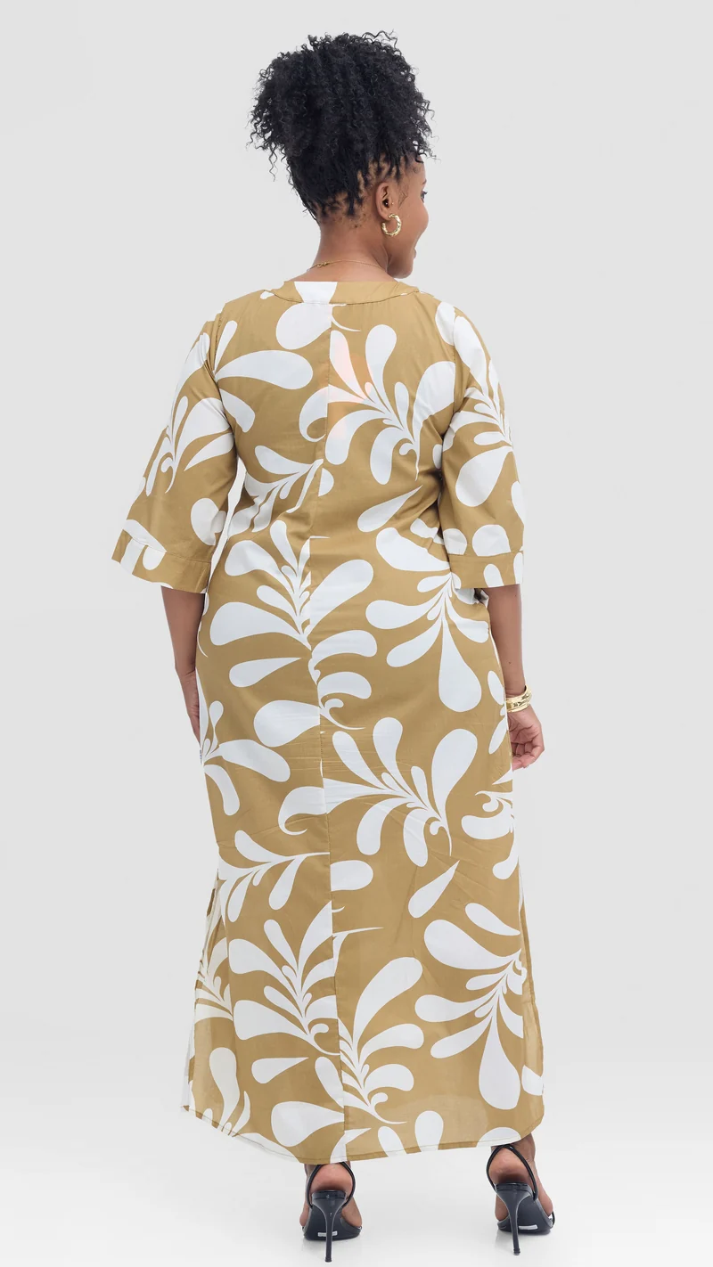 Vivo Lulu 3/4 Sleeve Maxi Dress in Cotton- Light Olive / White Print