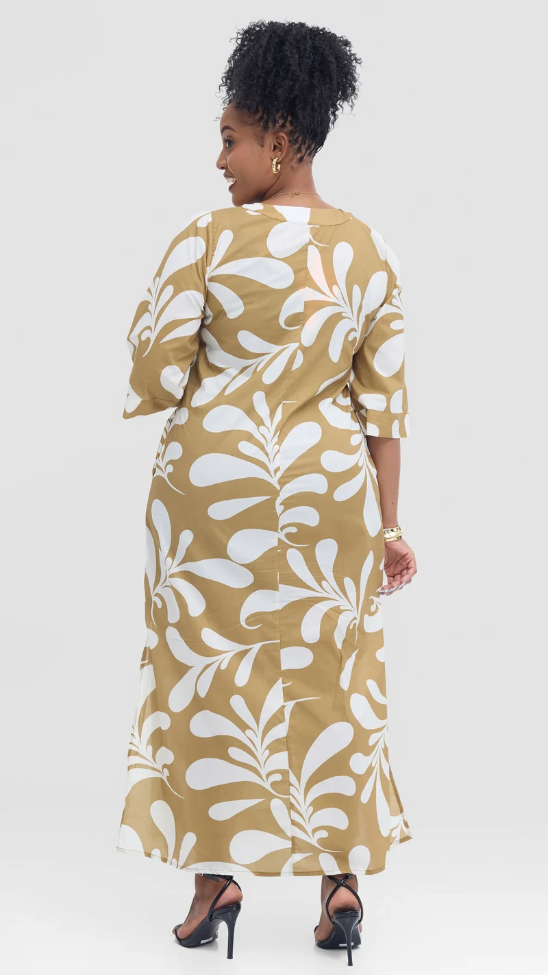 Vivo Lulu 3/4 Sleeve Maxi Dress in Cotton- Light Olive / White Print