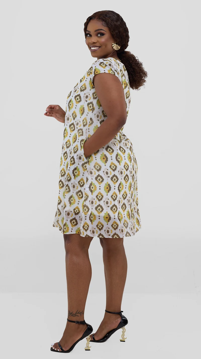 Vivo Sierra Cap Sleeve Tent Chiffon Dress - Mustard Textured Print