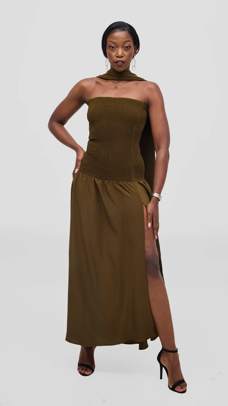Vivo Studio Strapless Maxi in Crepe - Dark Olive