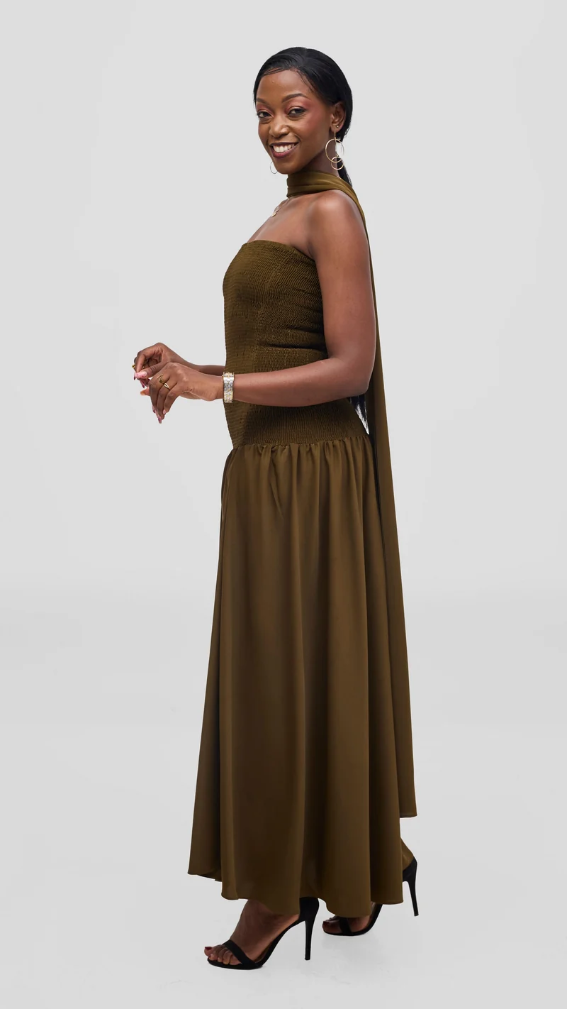 Vivo Studio Strapless Maxi in Crepe - Dark Olive