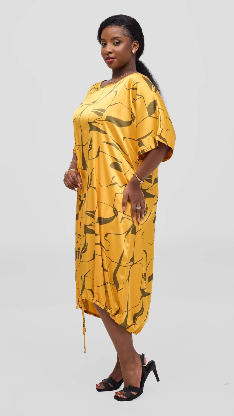 Vivo Liora Drawstring Midi Dress - Mustard / Grey Ziza Print
