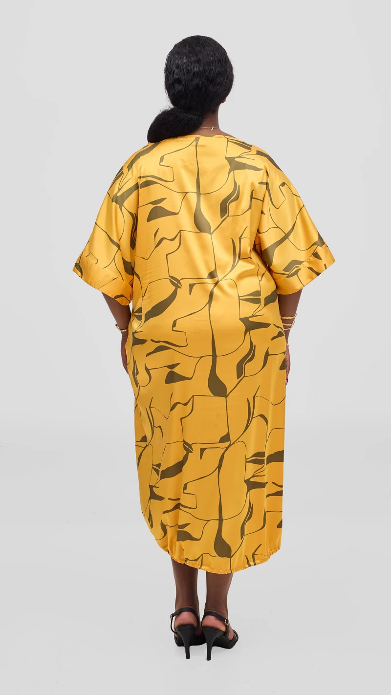 Vivo Liora Drawstring Midi Dress - Mustard / Grey Ziza Print