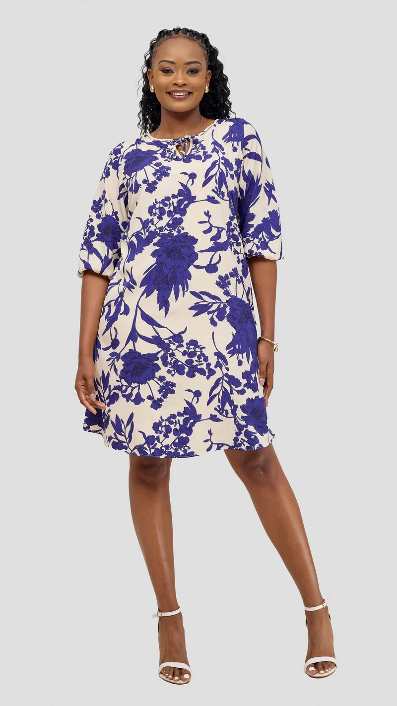 Vivo Nala 3/4 Sleeve Tent Dress - Cream / Blue Print