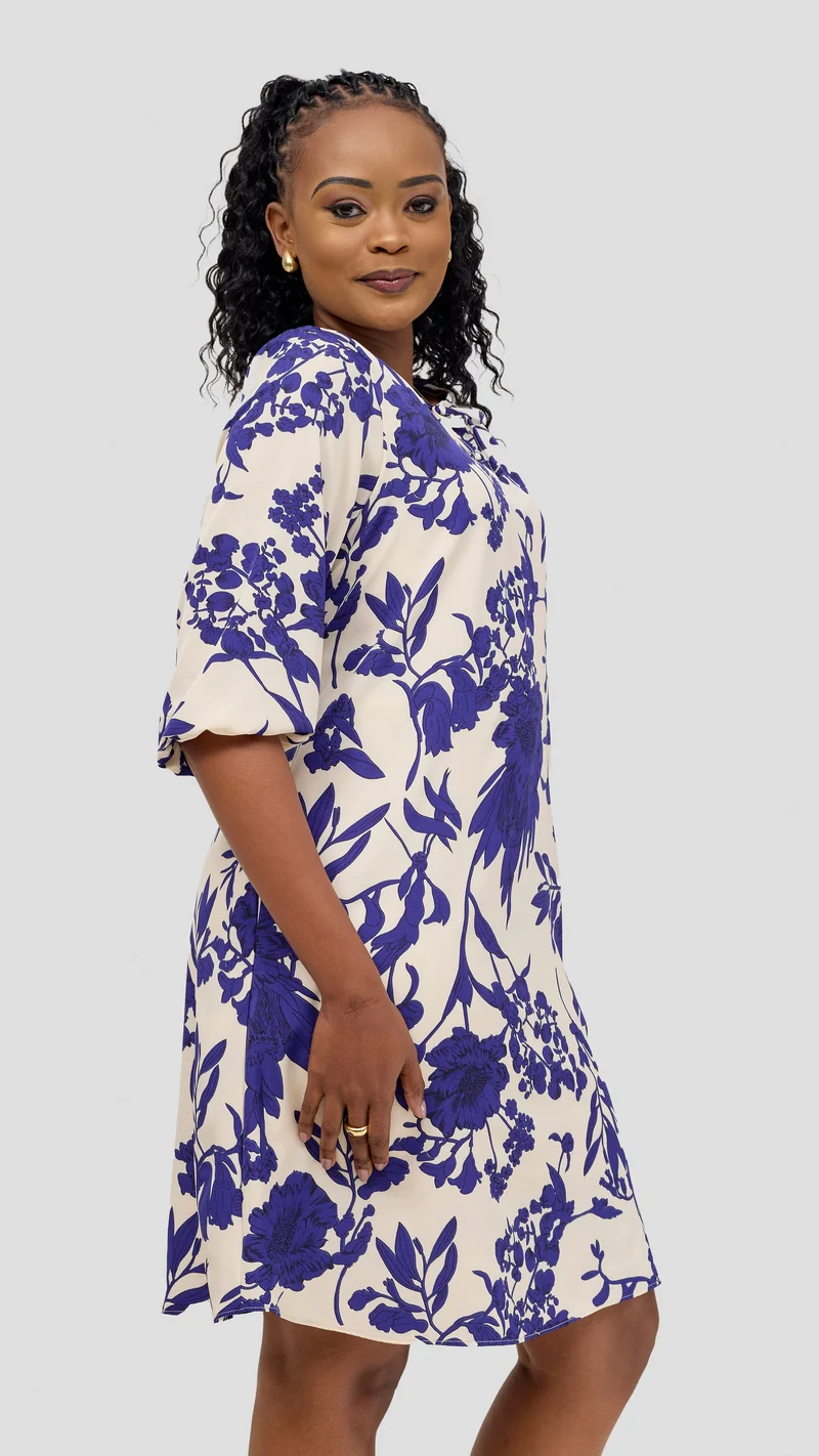 Vivo Nala 3/4 Sleeve Tent Dress - Cream / Blue Print