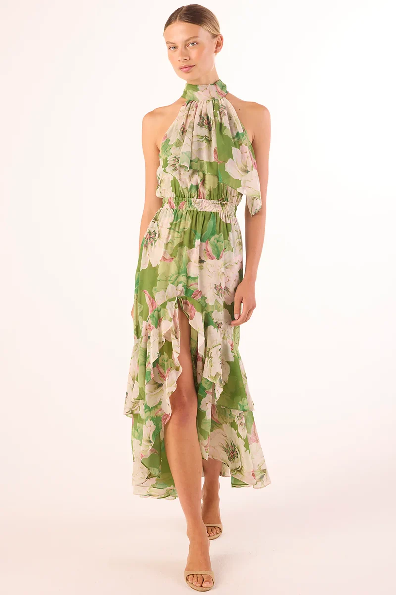 Robe midi Aneva à col licou et volants asymétriques
