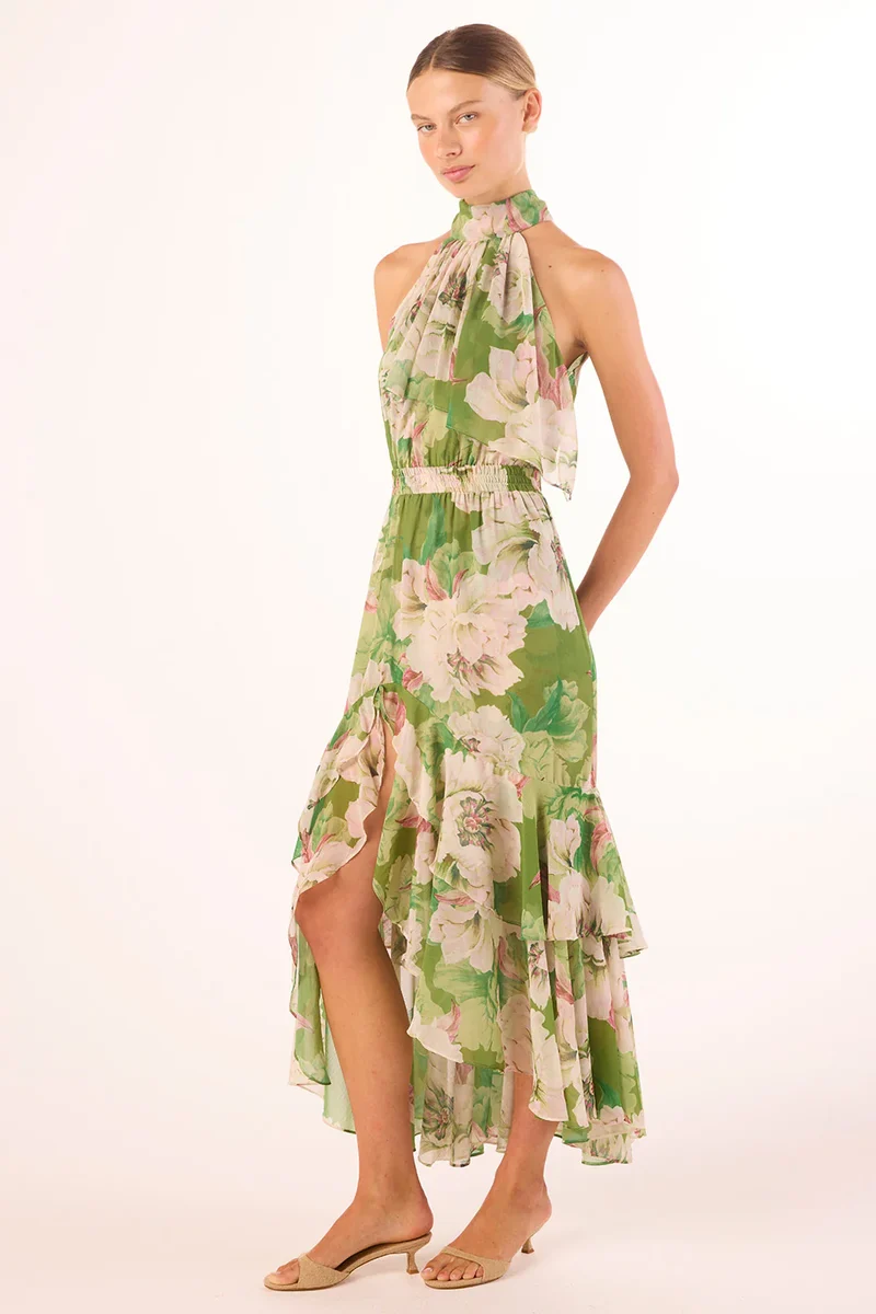 Robe midi Aneva à col licou et volants asymétriques