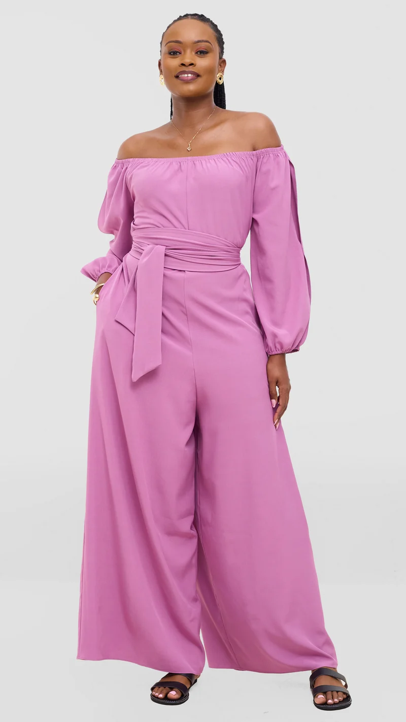Vivo Yumi Off Shoulder Jumpsuit In Crepe - Dark Pink