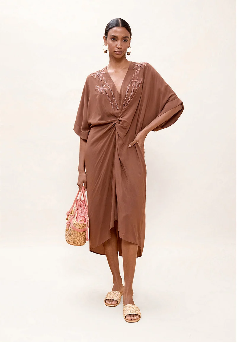 Robe midi nouée à décolleté V et détails palmiers