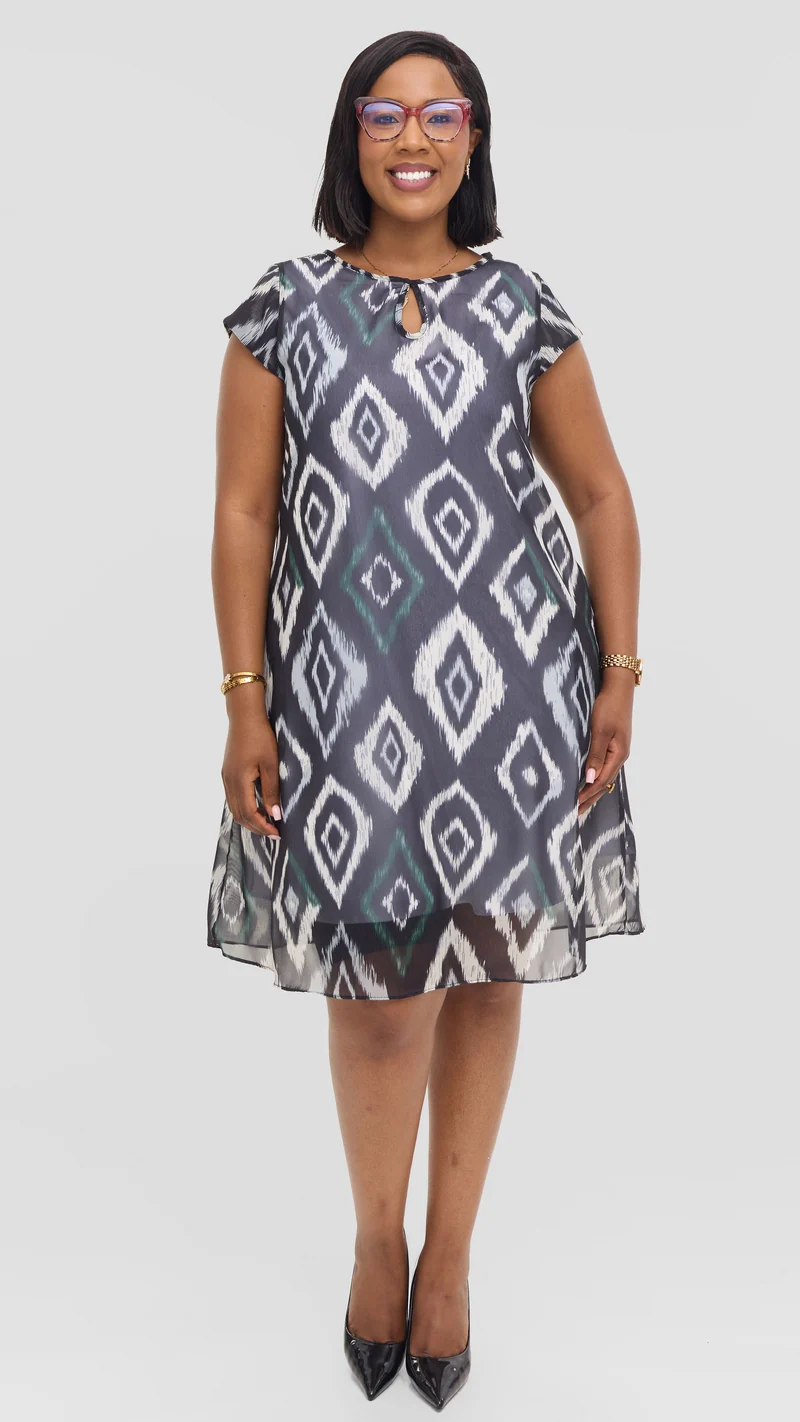 Vivo Sierra Cap Sleeve Tent Chiffon Dress - Black Textured Print