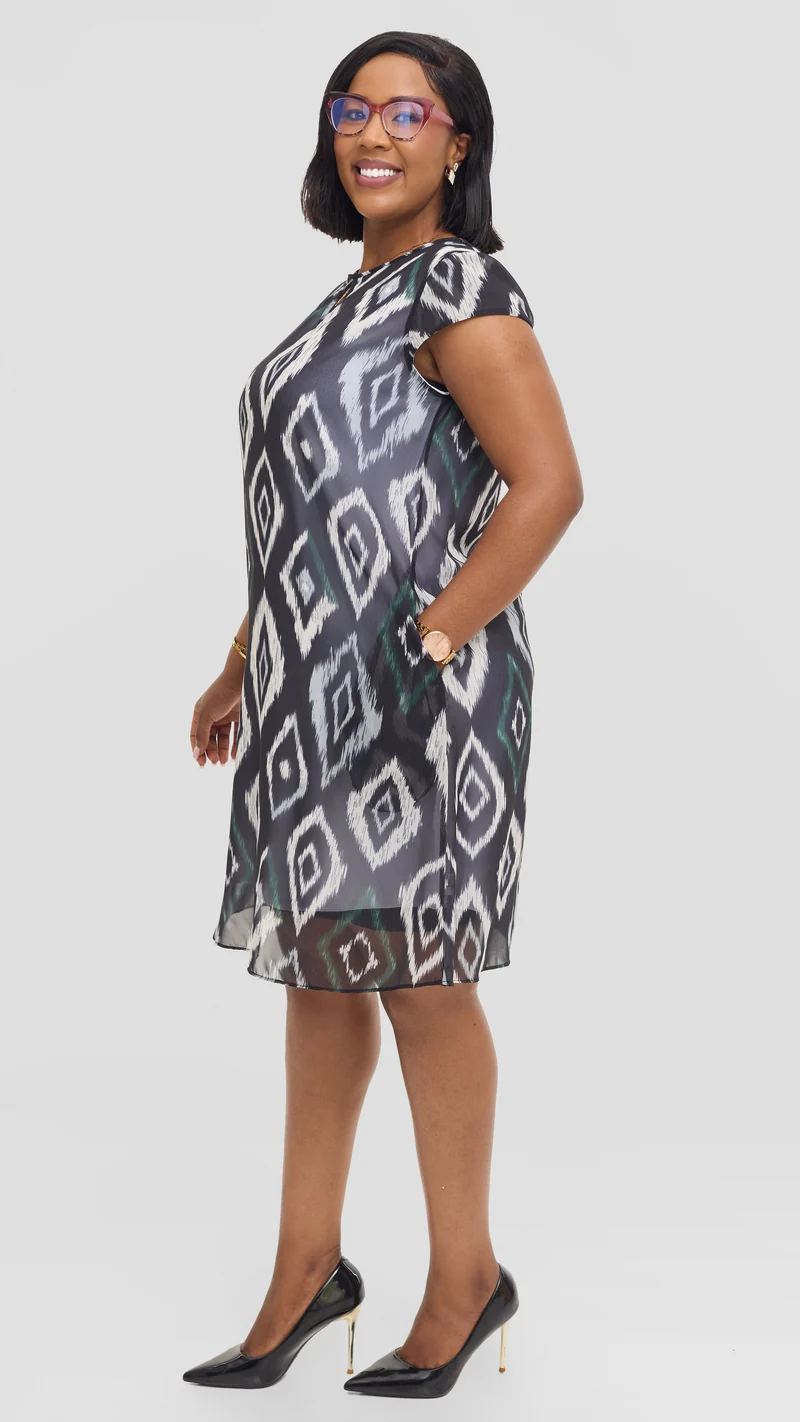 Vivo Sierra Cap Sleeve Tent Chiffon Dress - Black Textured Print