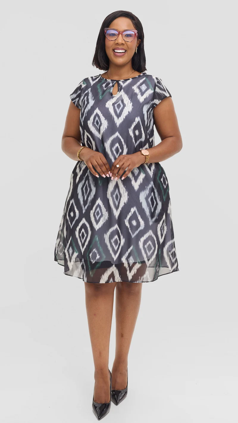 Vivo Sierra Cap Sleeve Tent Chiffon Dress - Black Textured Print