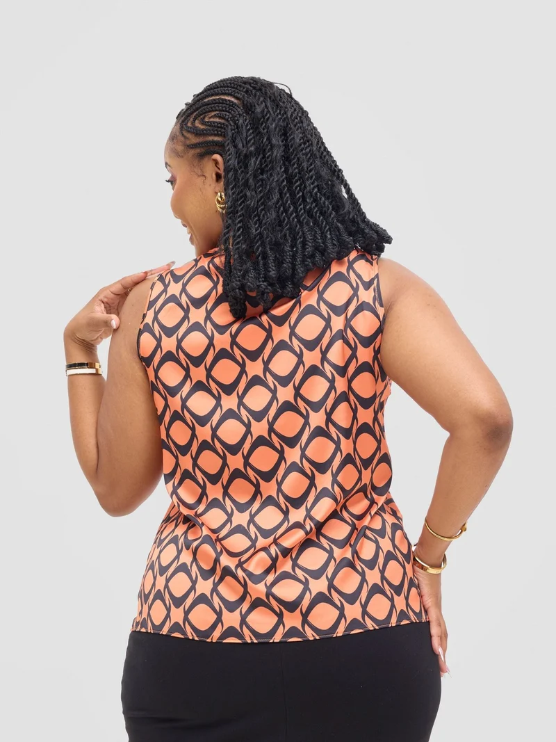 Vivo Isabi Cowl Top - Orange / Black Tiki Print