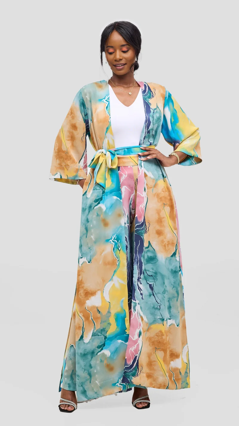 Vivo Alek High Slit Kimono - Tan / Navy Print