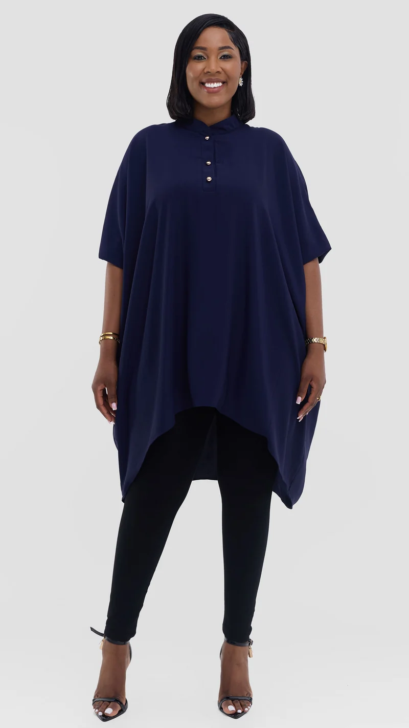 Vivo Wastani 3/4 Shirred Sleeve Wide Tunic - Navy