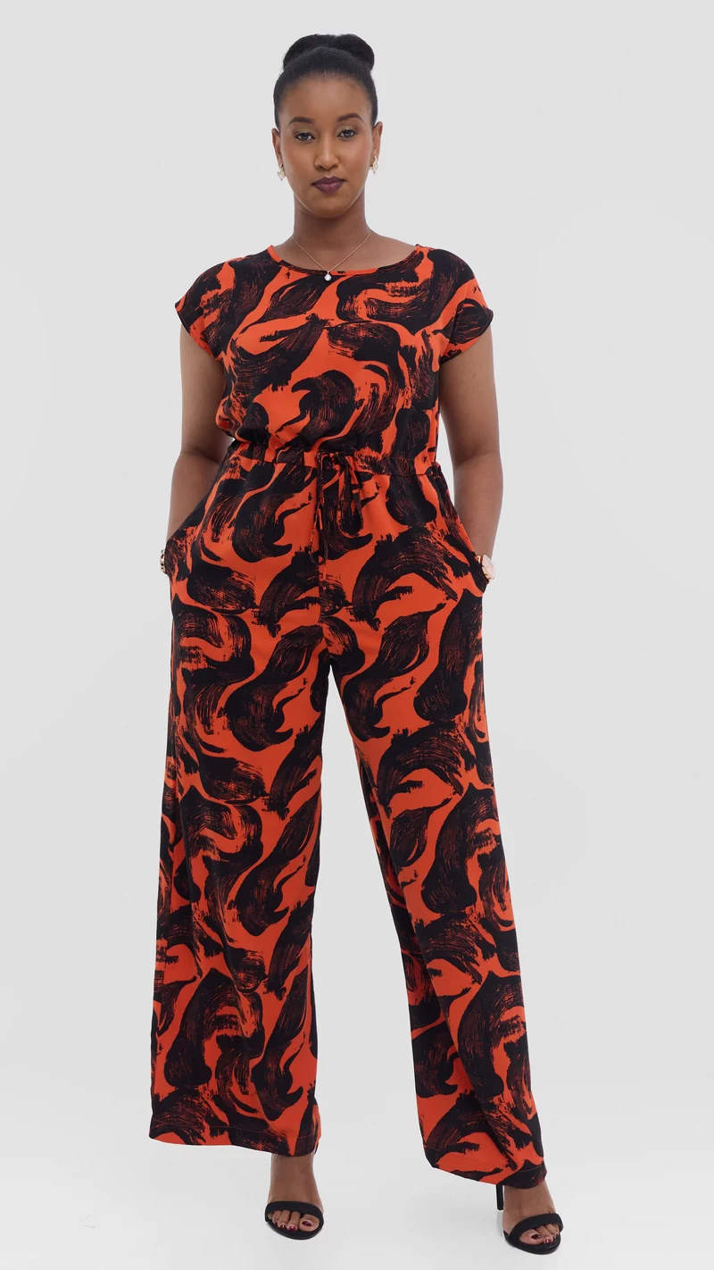 Vivo Sakari Drop Shoulder Jumpsuit in Crepe - Orange / Black Print