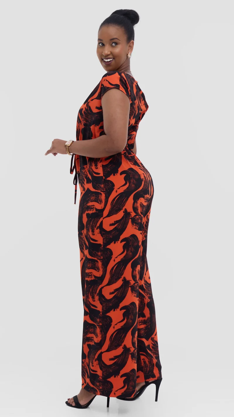 Vivo Sakari Drop Shoulder Jumpsuit in Crepe - Orange / Black Print