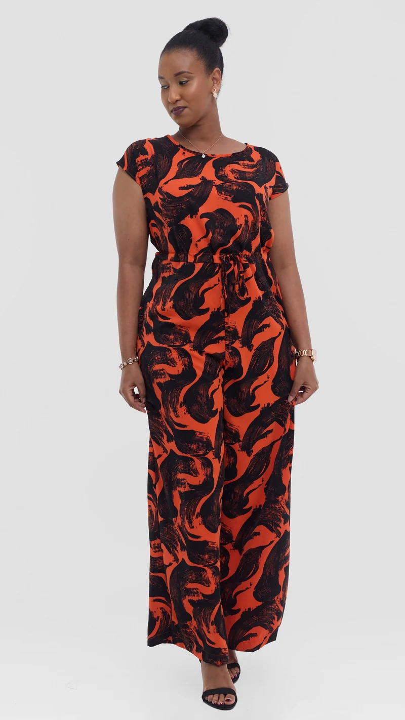 Vivo Sakari Drop Shoulder Jumpsuit in Crepe - Orange / Black Print